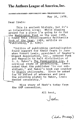 Letter from John Hersey about the book being censored.